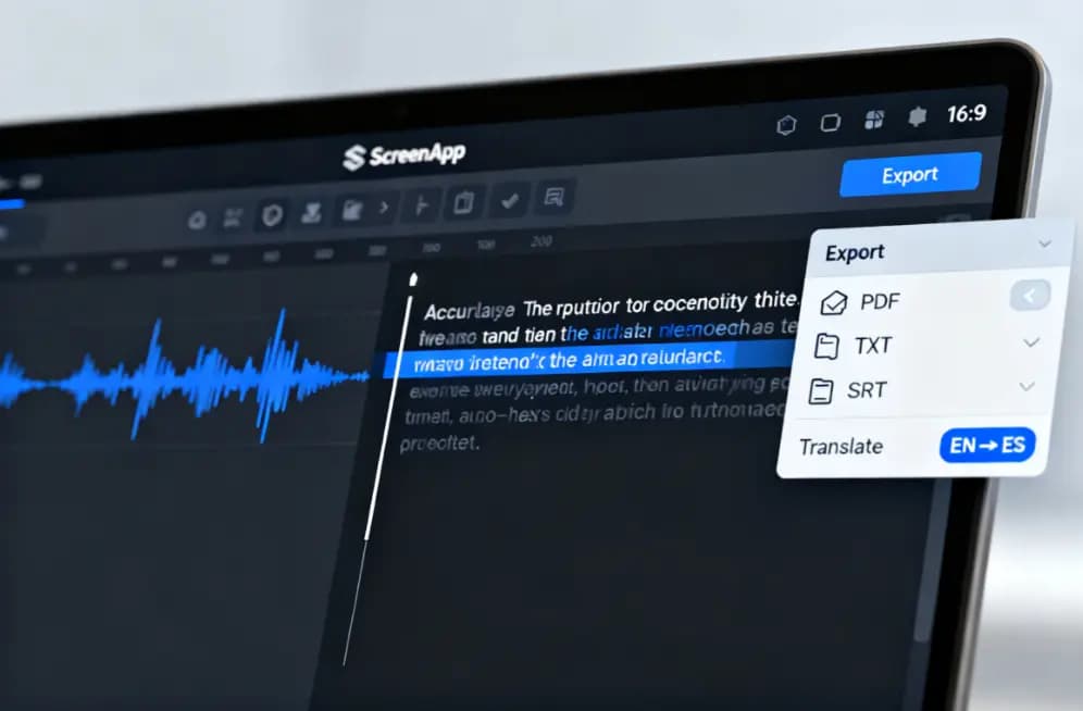Transcription interface showing audio waveform and export options for PDF, TXT, and SRT