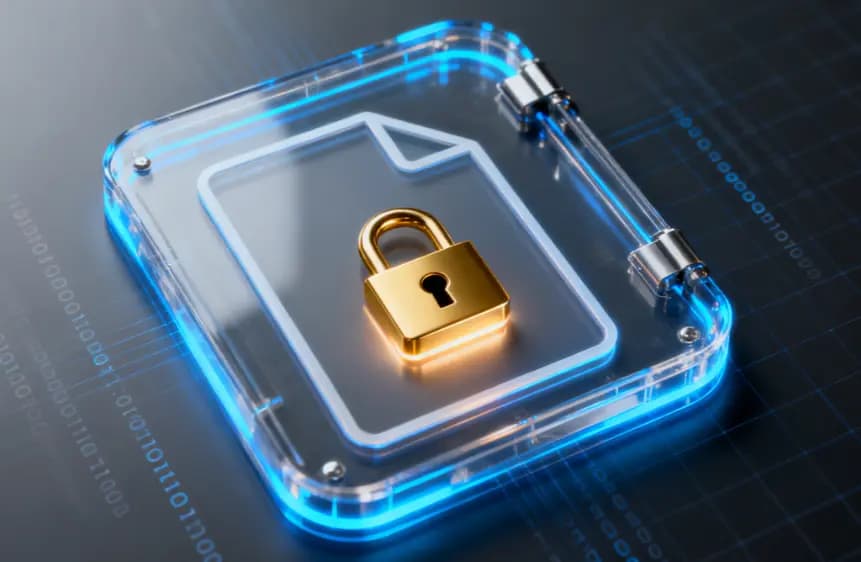 Secure data encryption icon for confidential video transcripts